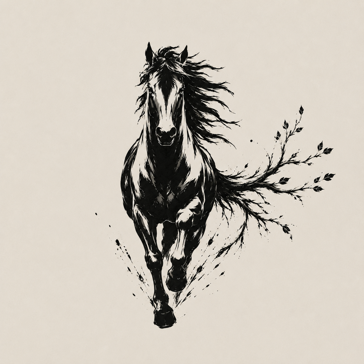 正面から駆ける野馬と枝葉を墨で描いたブランドロゴ
